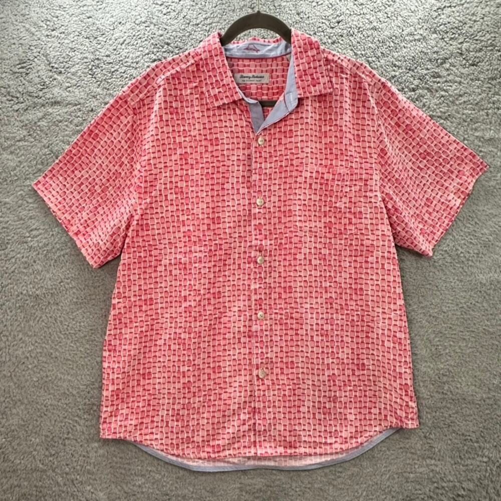 Tommy Bahama Men's Large Pink Short Sleeve Button Up Resort Beach Vacation